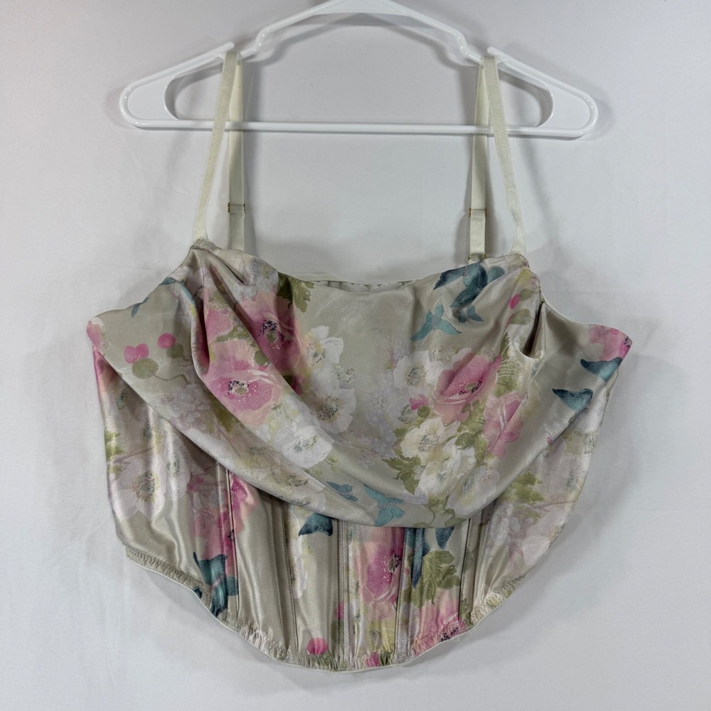 Victorias Secret Floral Butterfly Satin Draped Cowl Corset Top XL Champagne Pink